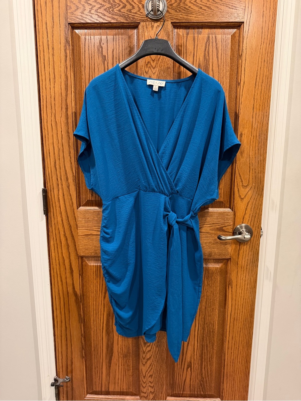 She + Sky Teal Blue Mini Wrap Dress